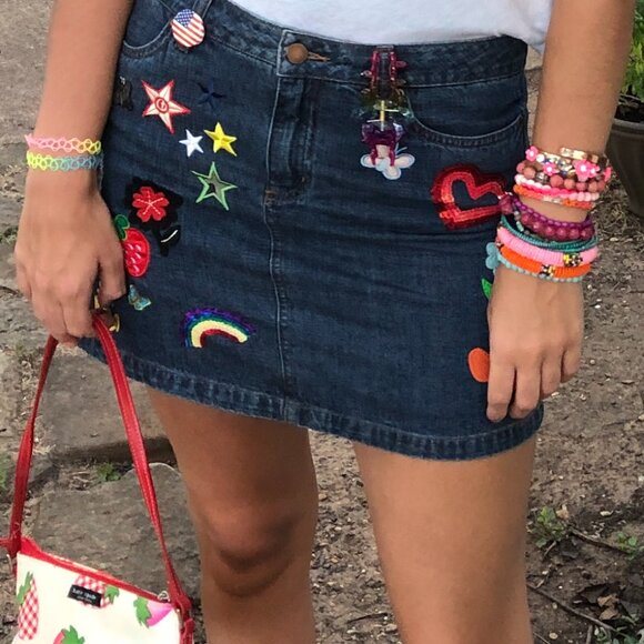 Denim Mini Skirt with Patches and Flare - Picture 9 of 9